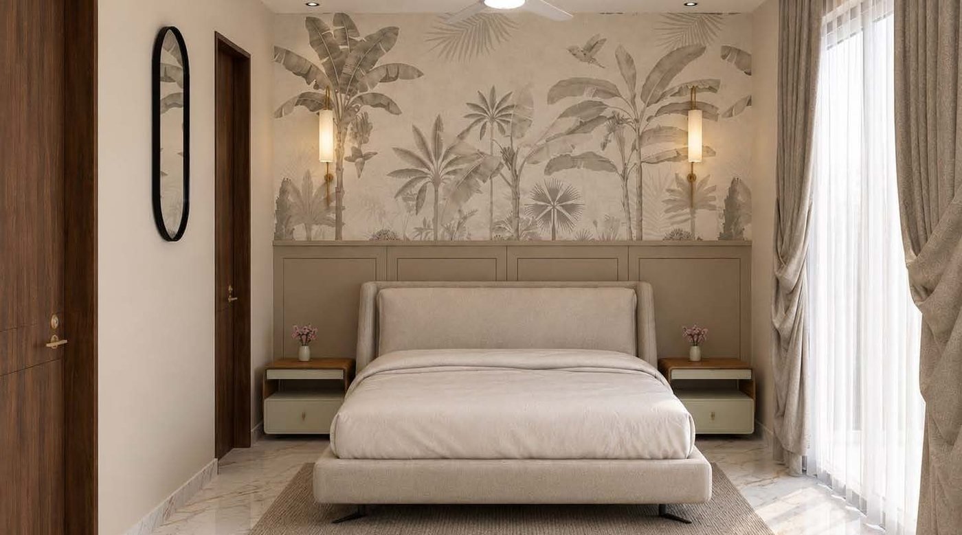 Niran bedroom with mural wallpaper