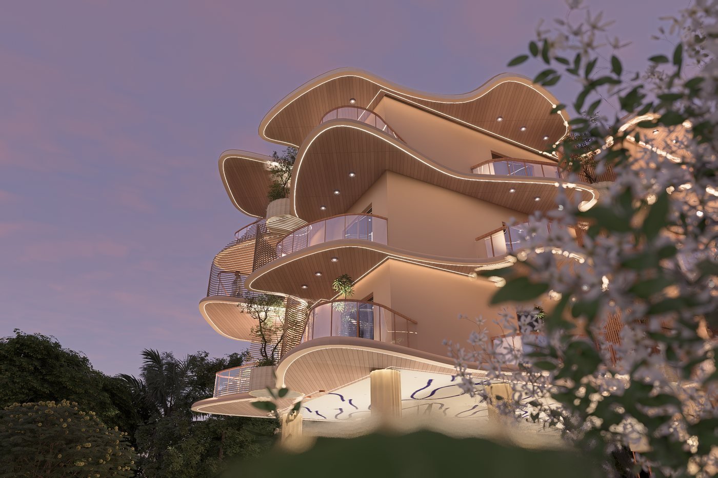 Niran canopy balconies illuminated at dusk